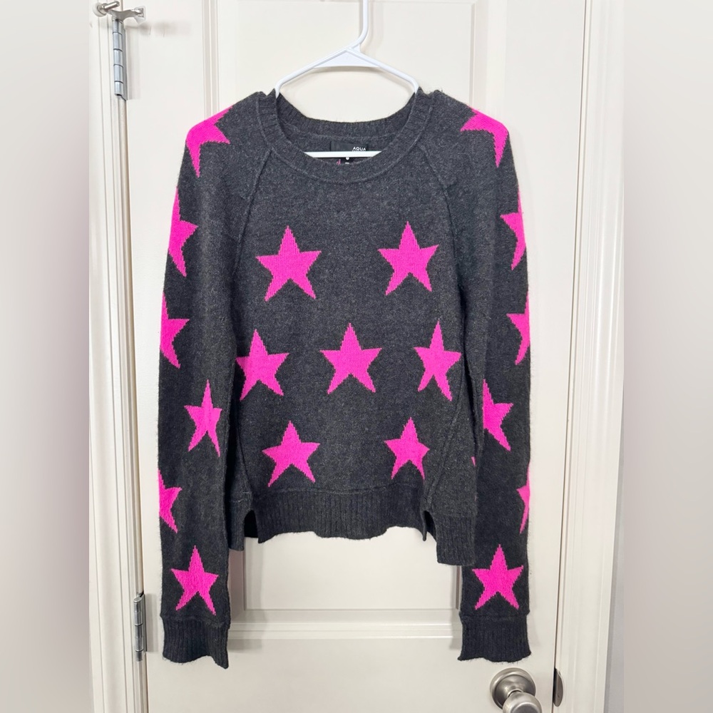 Aqua Cashmere Sweater Charcoal Gray Hot Pink Stars